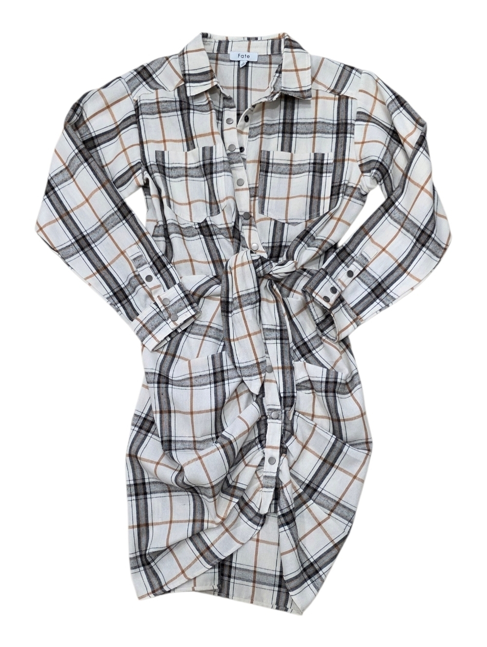 Fate Beige Plaid Button-Front Ruched Shirt Dress S - Picture 1 of 3